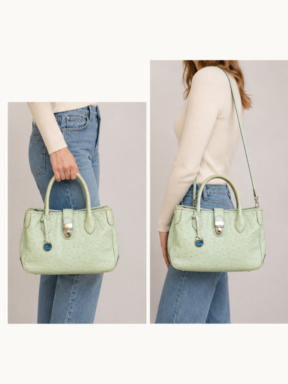 Dooney & Bourke Ostrich Embossed Leather Satchel Aqua Seafoam Blue Shoulder Bag - Picture 12 of 15